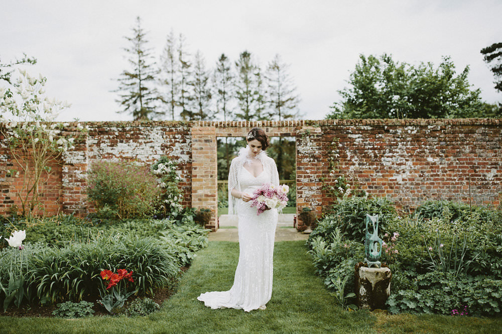 Bride Bridal Beaded Tassel Dress Gown Hairpiece Cape Pink White Bouquet Glamorous Vintage Eggington House Wedding Ideas David Jenkins Photography