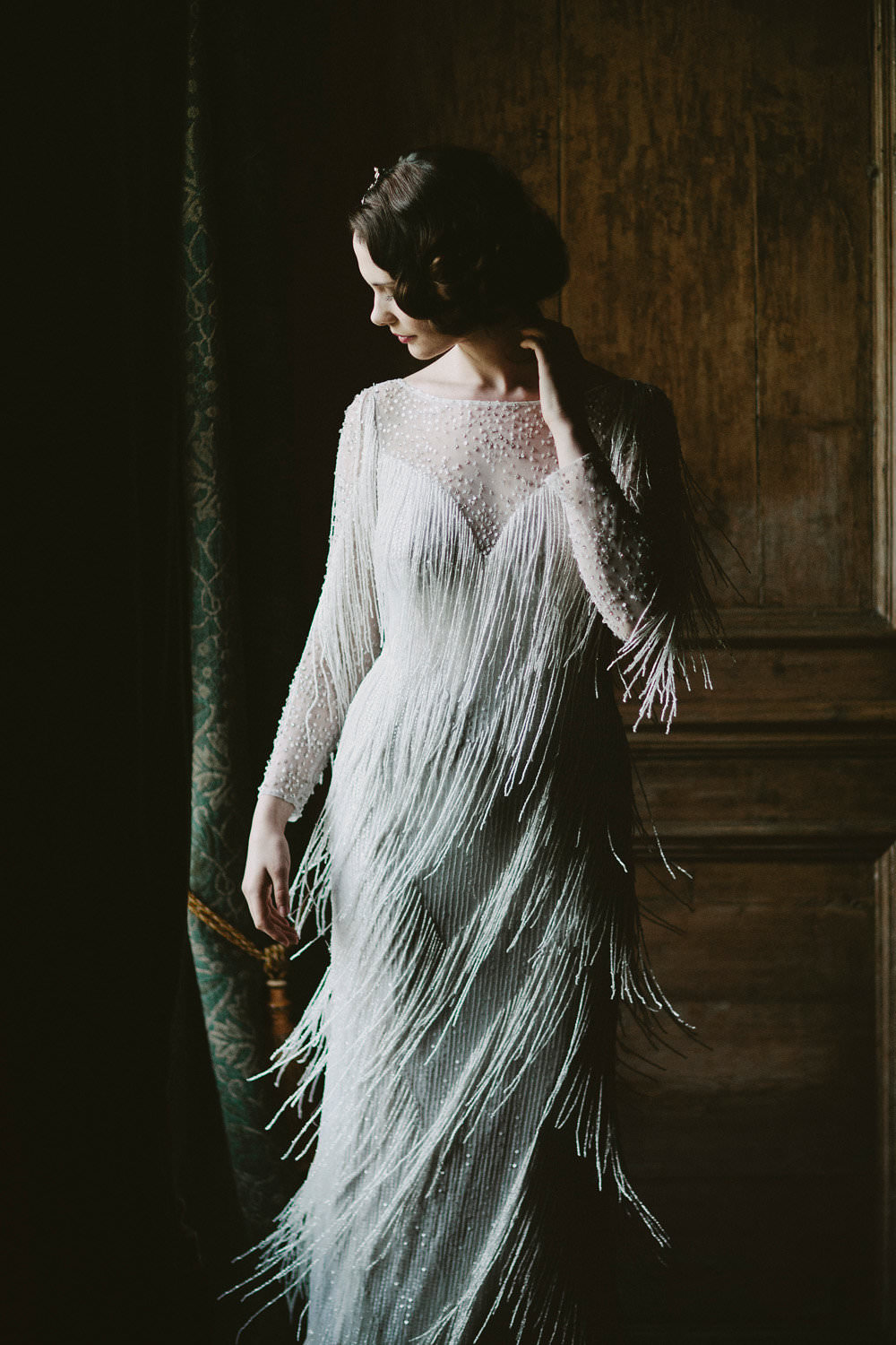Bride Bridal Beaded Tassel Dress Gown Hairpiece Glamorous Vintage Eggington House Wedding Ideas David Jenkins Photography