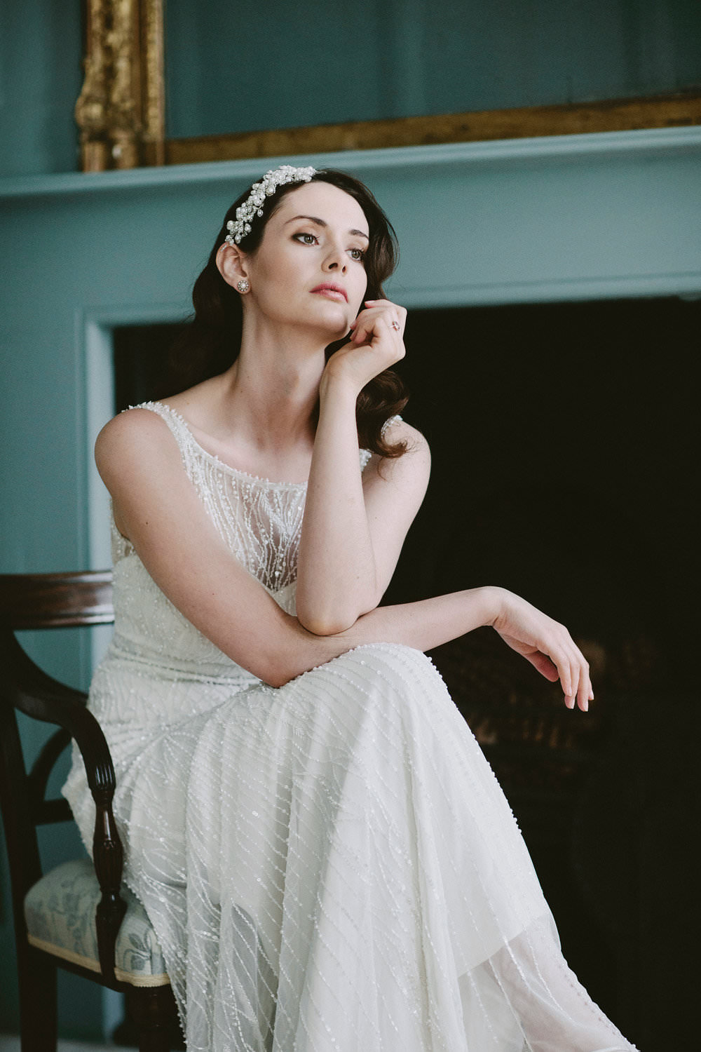 Bride Bridal Dress Gown Beaded 1930s Hairpiece Glamorous Vintage Eggington House Wedding Ideas David Jenkins Photography