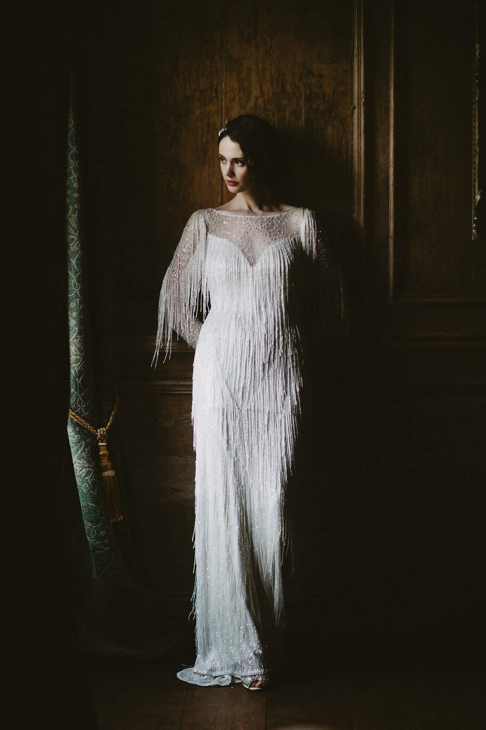 Bride Bridal Beaded Tassel Dress Gown Hairpiece Glamorous Vintage Eggington House Wedding Ideas David Jenkins Photography
