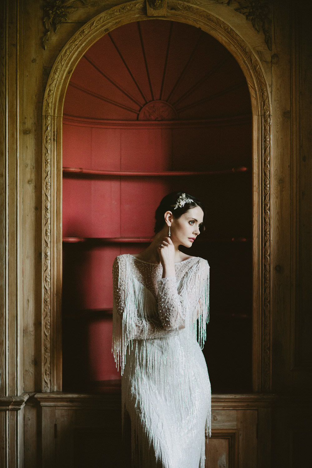 Bride Bridal Beaded Tassel Dress Gown Hairpiece Glamorous Vintage Eggington House Wedding Ideas David Jenkins Photography