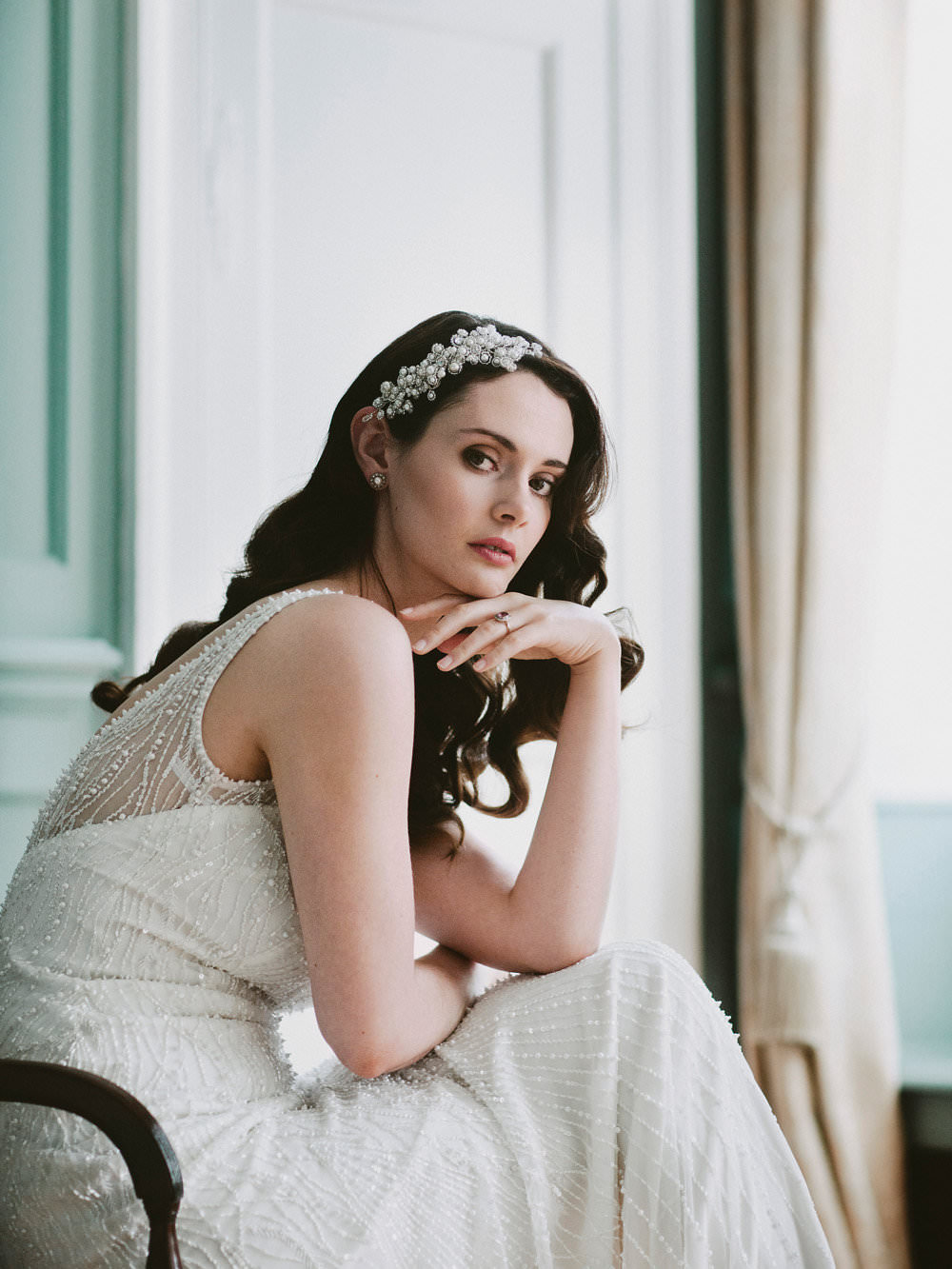 Bride Bridal Dress Gown Beaded 1930s Hairpiece Glamorous Vintage Eggington House Wedding Ideas David Jenkins Photography