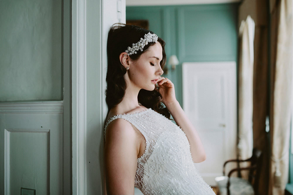 Bride Bridal Dress Gown Beaded 1930s Hairpiece Glamorous Vintage Eggington House Wedding Ideas David Jenkins Photography