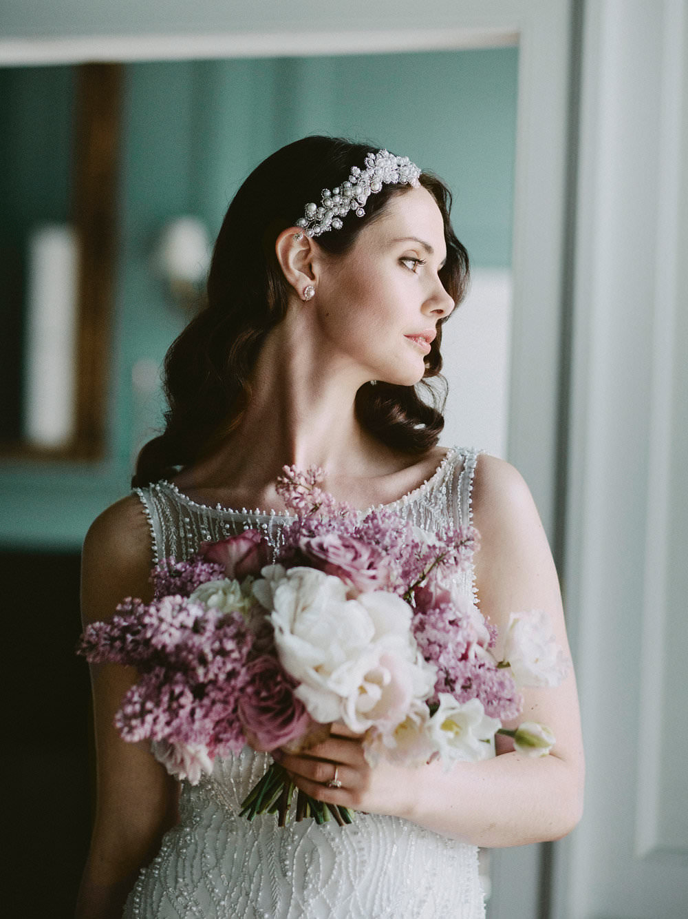 Bride Bridal Beaded Dress Gown Pearl Hairpiece Bouquet Pink White Blousy Flowers Floral Glamorous Vintage Eggington House Wedding Ideas David Jenkins Photography