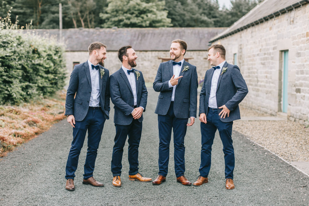 Groom Navy Blue Blazer Chinos Bow Tie Tan Shoes Groomsmen Healey Barn Wedding Amy Lou Photography