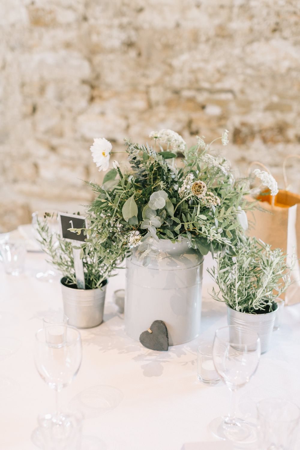 Table Centrepiece Flowers White Greenery Foliage Sweet Peas Fern Pots Healey Barn Wedding Amy Lou Photography