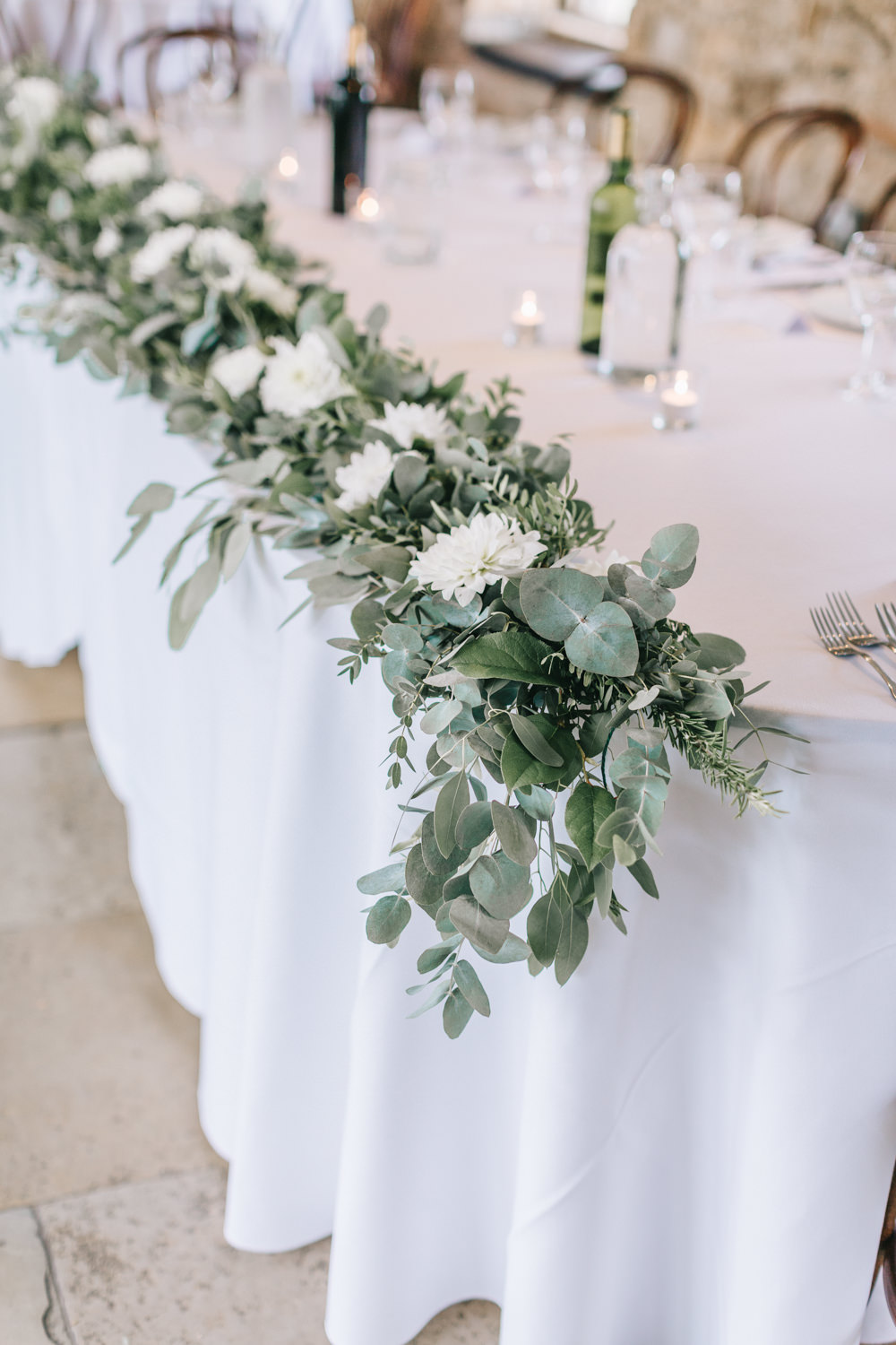 Table Flowers Swag Garland White Greenery Foliage Sweet Peas Fern Healey Barn Wedding Amy Lou Photography