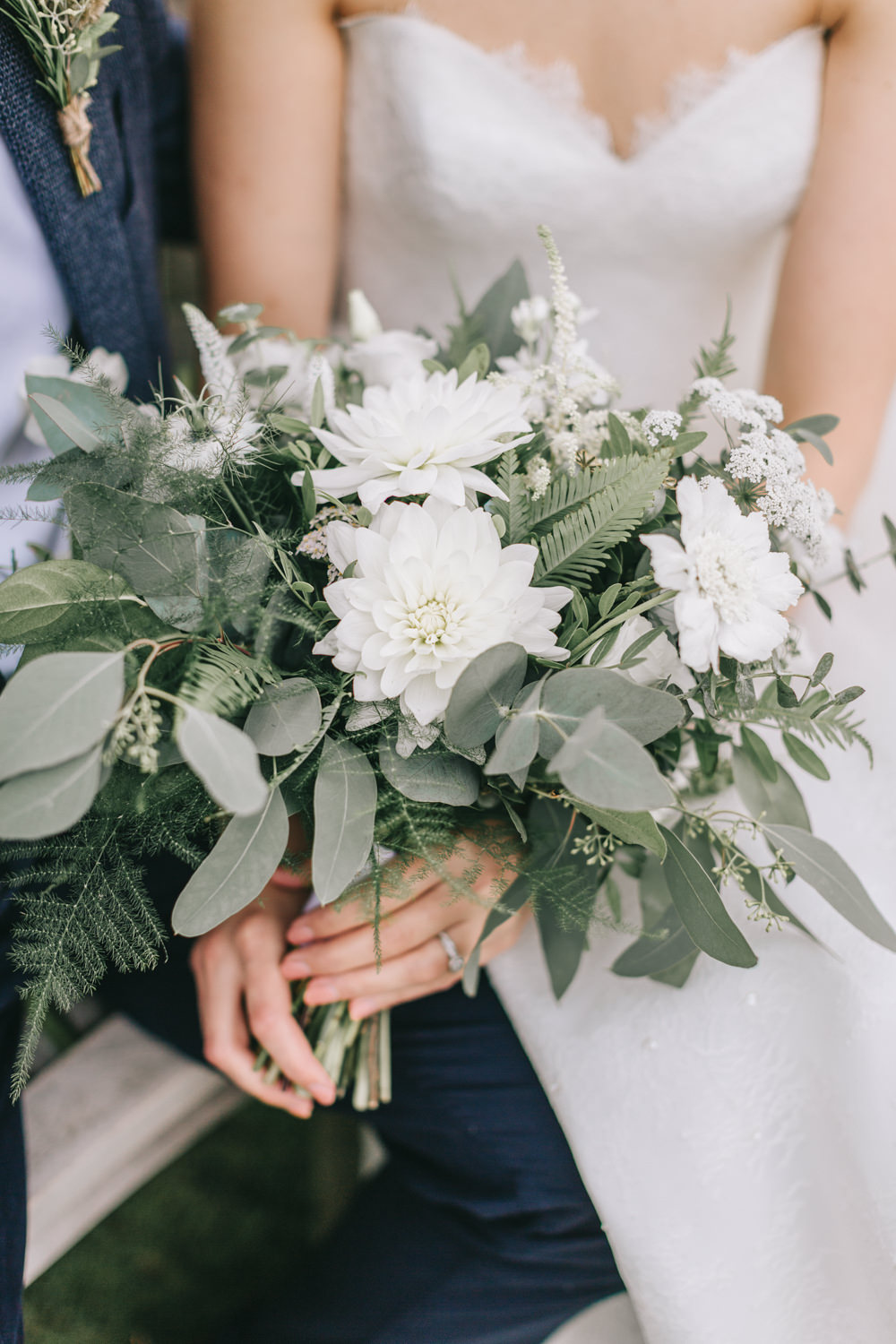 Bouquet Flowers Bride Bridal White Greenery Foliage Sweet Peas Fern Dahlia Healey Barn Wedding Amy Lou Photography