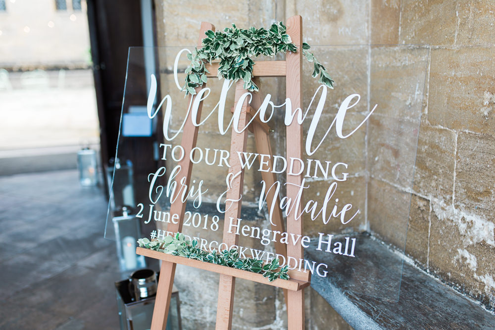 Glass Perspex Signage Welcome Modern Calligraphy Greenery Easel Hengrave Hall Wedding Gemma Giorgio Photography