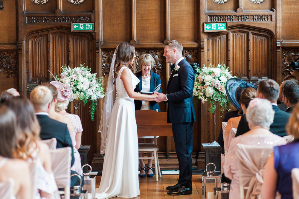 Bride Bridal Dress Gown Cowl Neck Train Tuxedo Groom Bib Waistcoat Pocket Square Hengrave Hall Wedding Gemma Giorgio Photography