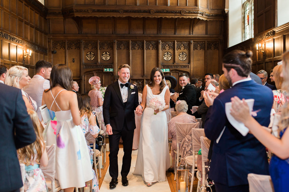 Bride Bridal Dress Gown Cowl Neck Train Tuxedo Groom Bib Waistcoat Pocket Square Hengrave Hall Wedding Gemma Giorgio Photography