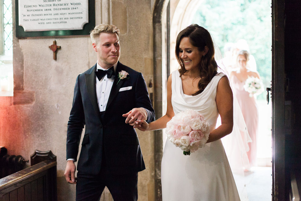 Bride Bridal Dress Gown Cowl Neck Train Tuxedo Groom Bib Waistcoat Pocket Square Blush Pink Peony Bouquet Hengrave Hall Wedding Gemma Giorgio Photography