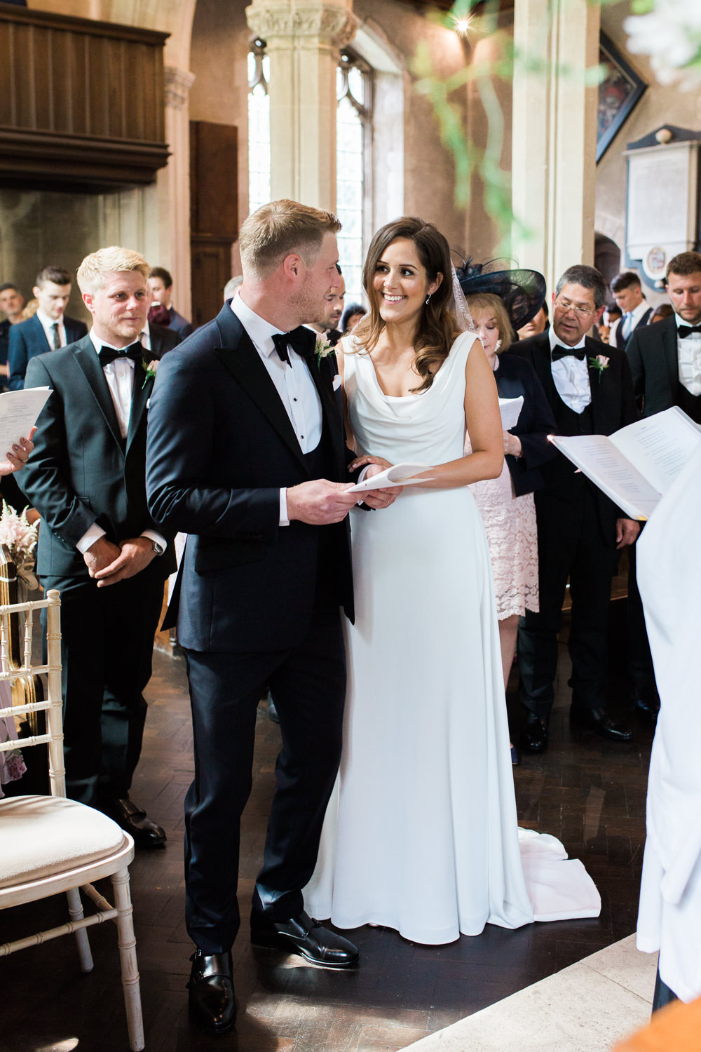 Bride Bridal Dress Gown Cowl Neck Train Tuxedo Groom Bib Waistcoat Pocket Square Hengrave Hall Wedding Gemma Giorgio Photography