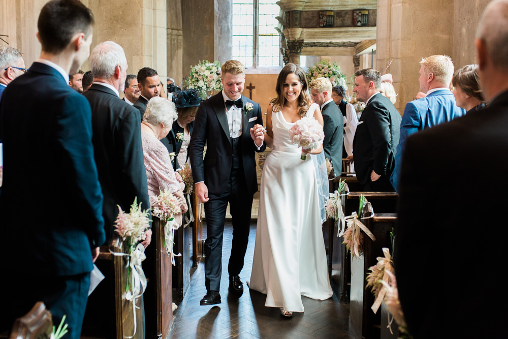 Bride Bridal Dress Gown Cowl Neck Train Tuxedo Groom Bib Waistcoat Pocket Square Hengrave Hall Wedding Gemma Giorgio Photography