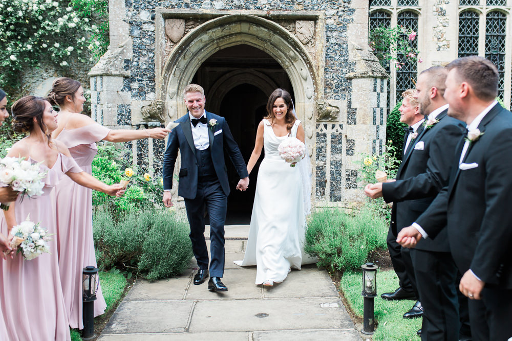 Bride Bridal Dress Gown Cowl Neck Train Tuxedo Groom Bib Waistcoat Pocket Square Hengrave Hall Wedding Gemma Giorgio Photography