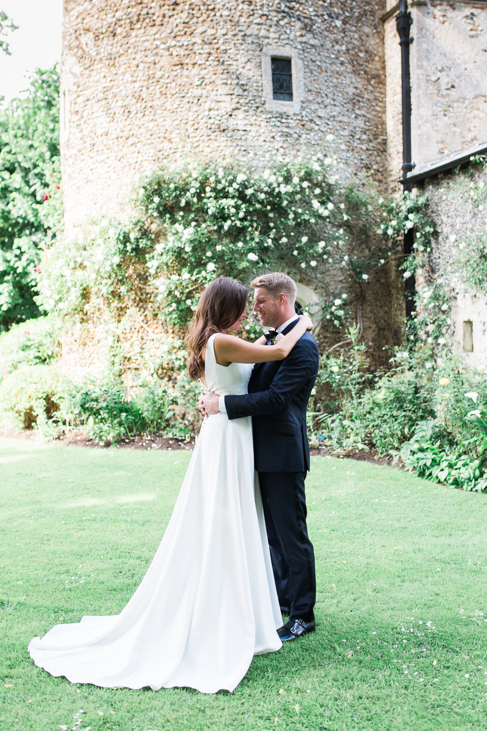 Bride Bridal Dress Gown Cowl Neck Train Tuxedo Groom Bib Waistcoat Pocket Square Hengrave Hall Wedding Gemma Giorgio Photography