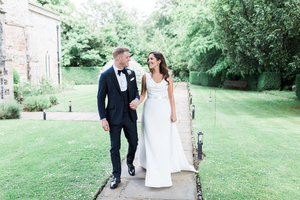 Bride Bridal Dress Gown Cowl Neck Train Tuxedo Groom Bib Waistcoat Pocket Square Hengrave Hall Wedding Gemma Giorgio Photography