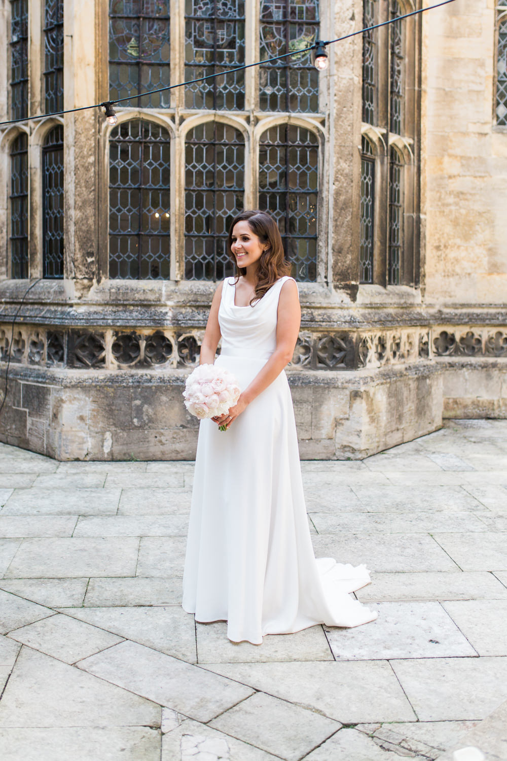 Bride Bridal Dress Gown Cowl Neck Train Peony Blush Pink Posy Bouquet Hengrave Hall Wedding Gemma Giorgio Photography