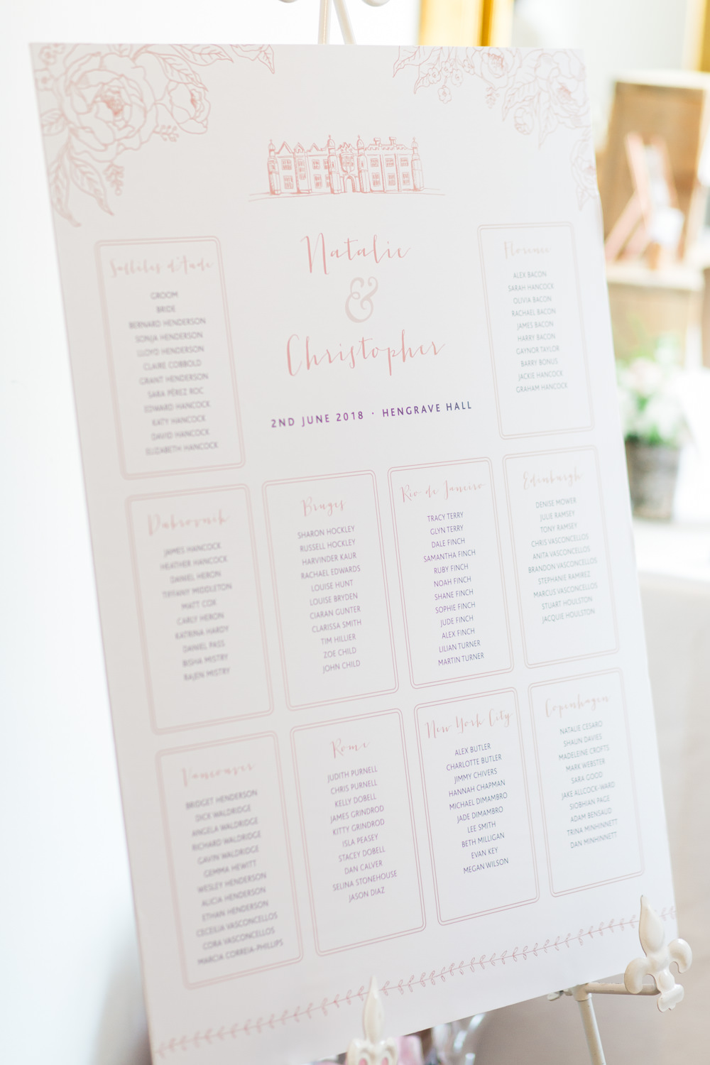 Table Plan Seating Chart Pink Blush Printed Modern Calligraphy Hengrave Hall Wedding Gemma Giorgio Photography