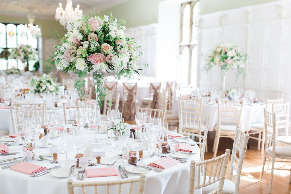 Tall Floral Centrepiece Blush Pink White Pedestal Hengrave Hall Wedding Gemma Giorgio Photography