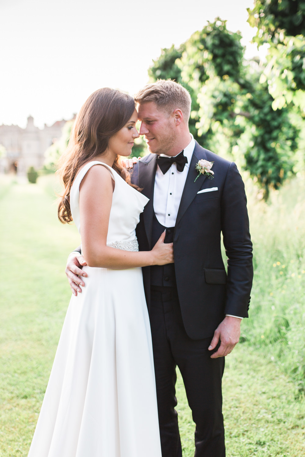 Bride Bridal Dress Gown Cowl Neck Train Tuxedo Groom Bib Waistcoat Pocket Square Hengrave Hall Wedding Gemma Giorgio Photography