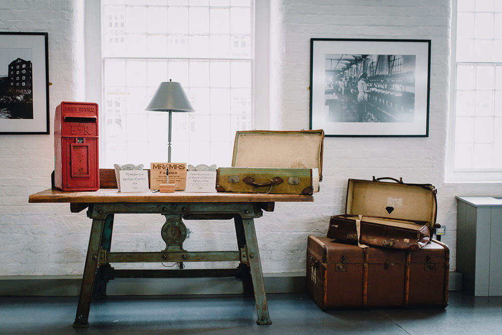 Vintage Suitcases Post Box Industrial Winter Wedding Reality Photography