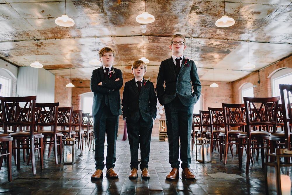 Page Boys Grey Tweed Suits Industrial Winter Wedding Reality Photography
