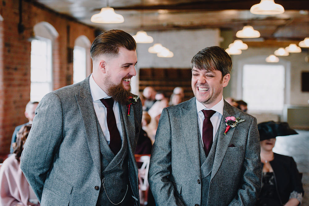 Groom Groomsmen Grey Tweed Suits Red Ties Industrial Winter Wedding Reality Photography