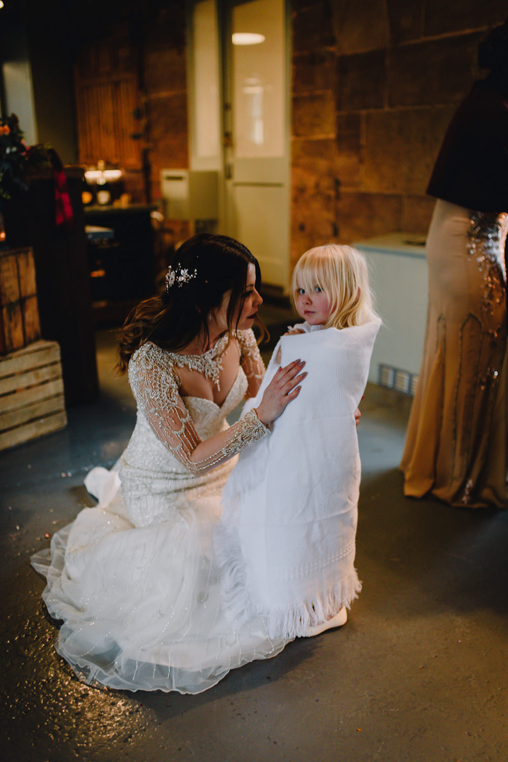 Justin Alexander Dress Bride Bridal Beaded Sleeves Flower Girl Blanket Industrial Winter Wedding Reality Photography