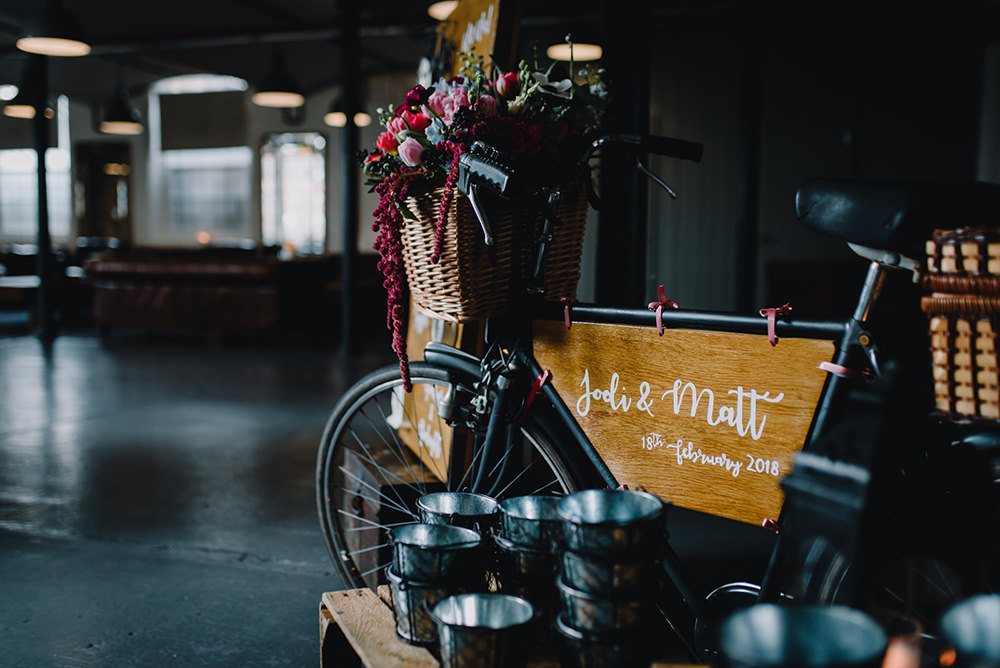 Bike Bicycle Flowers Basket Sign Welcome Industrial Winter Wedding Reality Photography