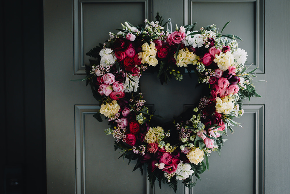 Heart Wreath Flowers Pink Yellow White Garland Hanging Industrial Winter Wedding Reality Photography