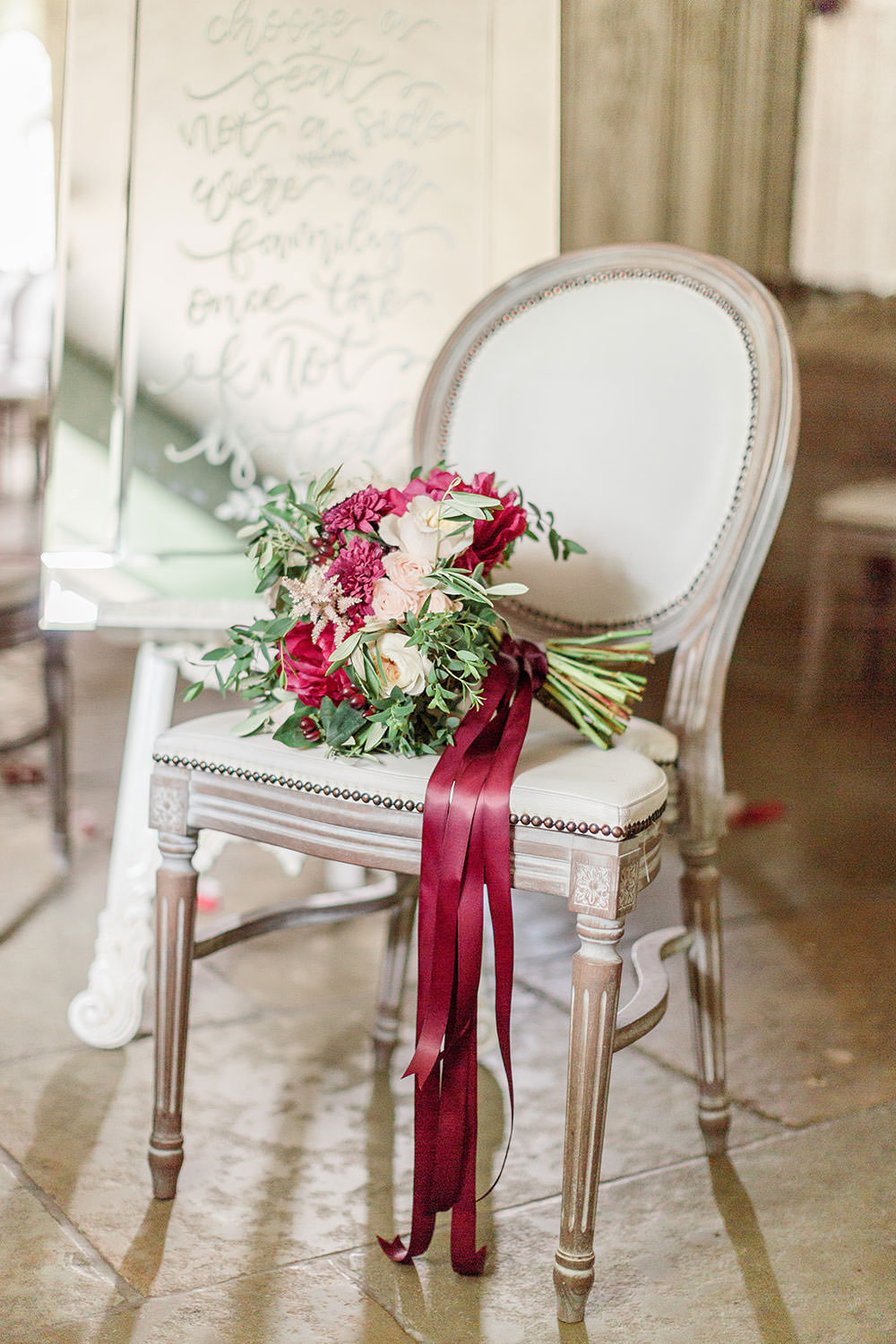 Ribbon Bouquet Flowers Bride Bridal Burgundy Red Greenery Foliage Flowers Peony Peonies Rose Flowers Astilbe Marsala Gold Wedding Carn Patrick Photography
