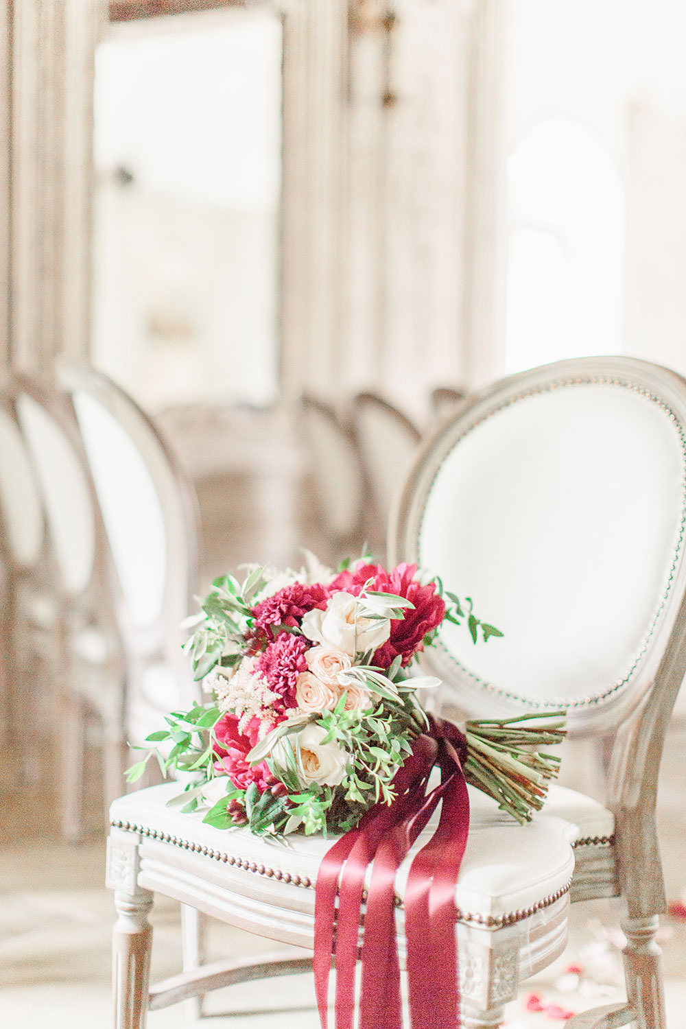 Bouquet Flowers Bride Bridal Burgundy Red Greenery Foliage Flowers Peony Peonies Rose Flowers Astilbe Ribbon Marsala Gold Wedding Carn Patrick Photography