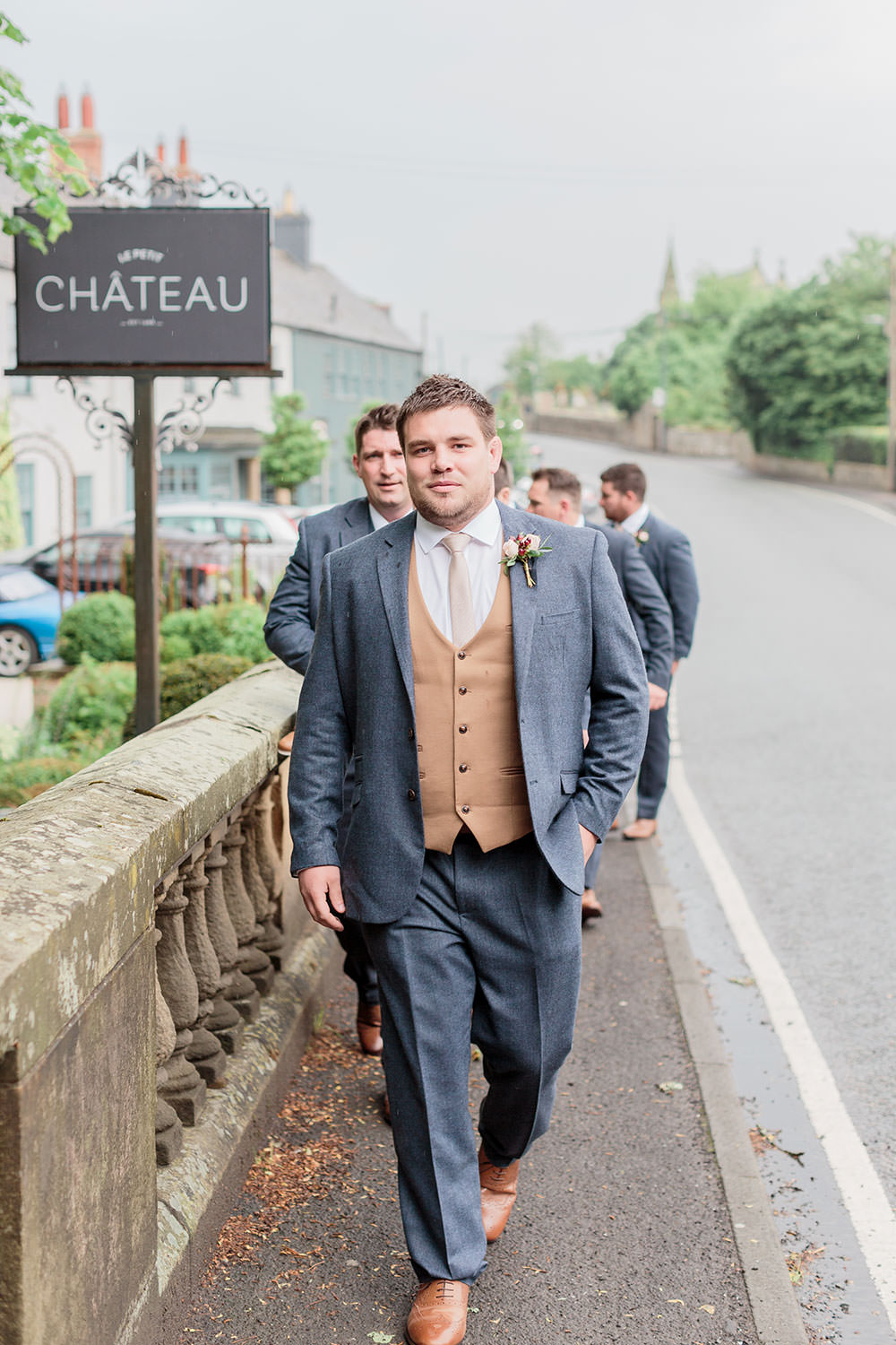 Groom Suit Grey Jacket Camel Waistcoat Marsala Gold Wedding Carn Patrick Photography