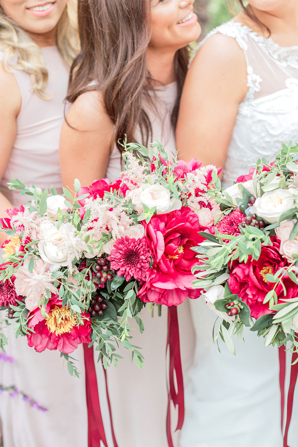 Bouquet Flowers Bride Bridal Burgundy Red Greenery Foliage Flowers Peony Peonies Rose Flowers Astilbe Ribbon Bridesmaid Marsala Gold Wedding Carn Patrick Photography