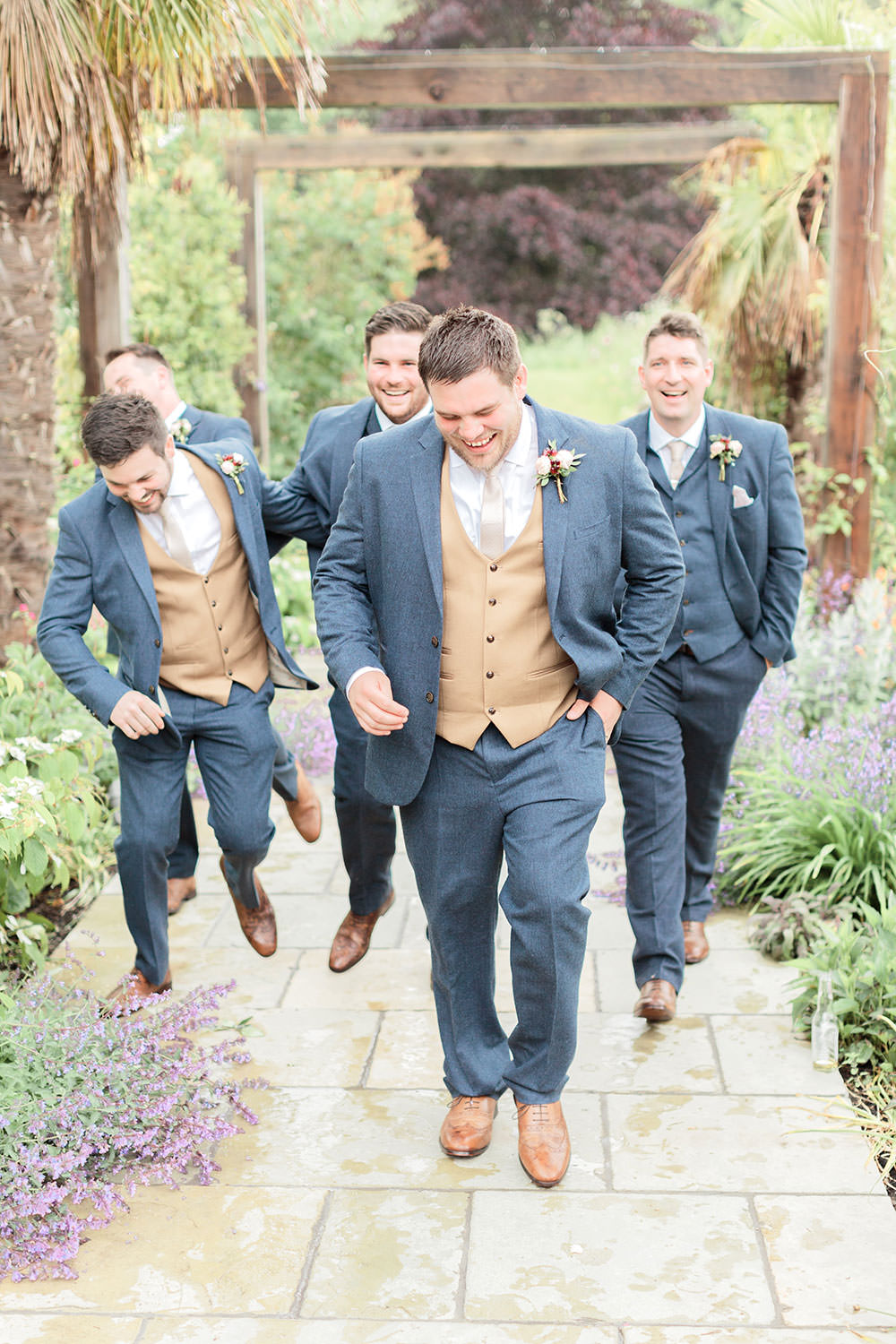 Groom Groomsmen Blue Grey Suits Camel Waistcoats Tan Shoes Marsala Gold Wedding Carn Patrick Photography
