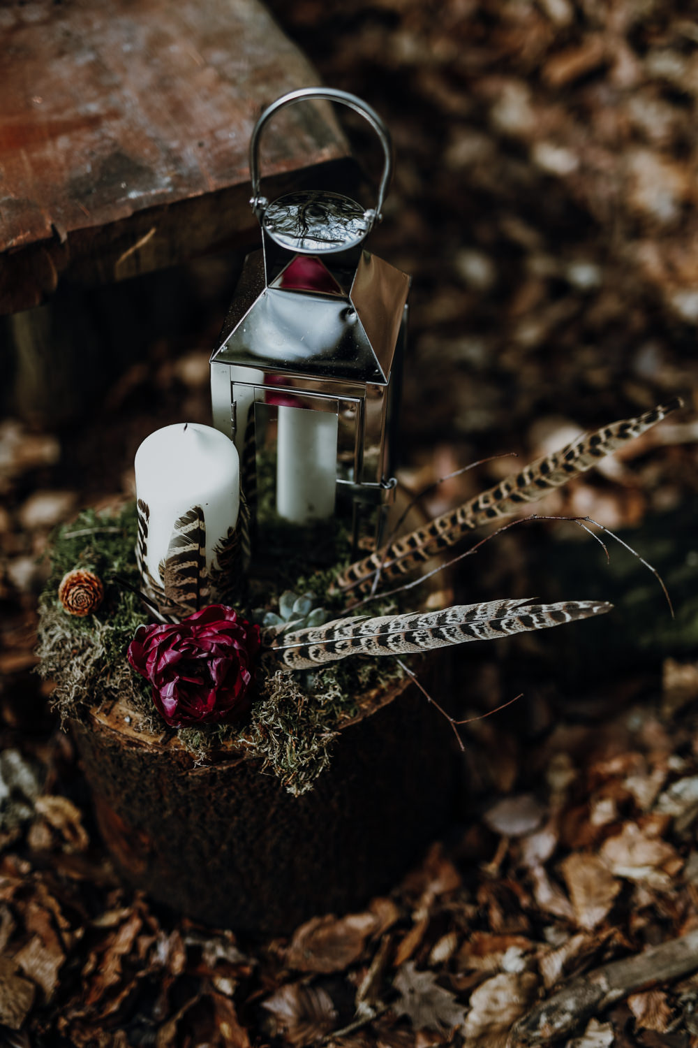 Log Tree Stump Decor Candles Feather Succulent Lantern Modern Gothic Woods Wedding Ideas Ayelle Photography