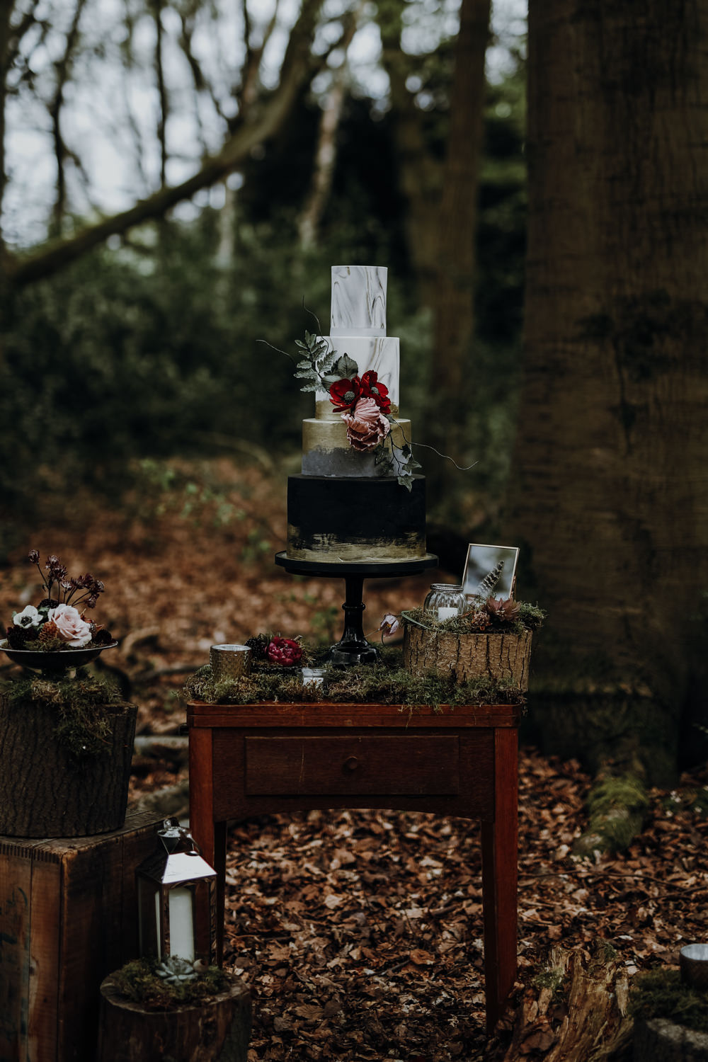 Cake Table Furniture Decor Moss Logs Flowers Candle Modern Gothic Woods Wedding Ideas Ayelle Photography