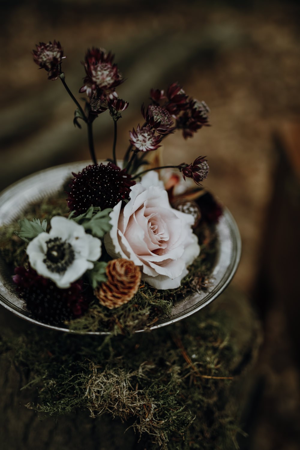 Flowers Silver Tray Moss Modern Gothic Woods Wedding Ideas Ayelle Photography