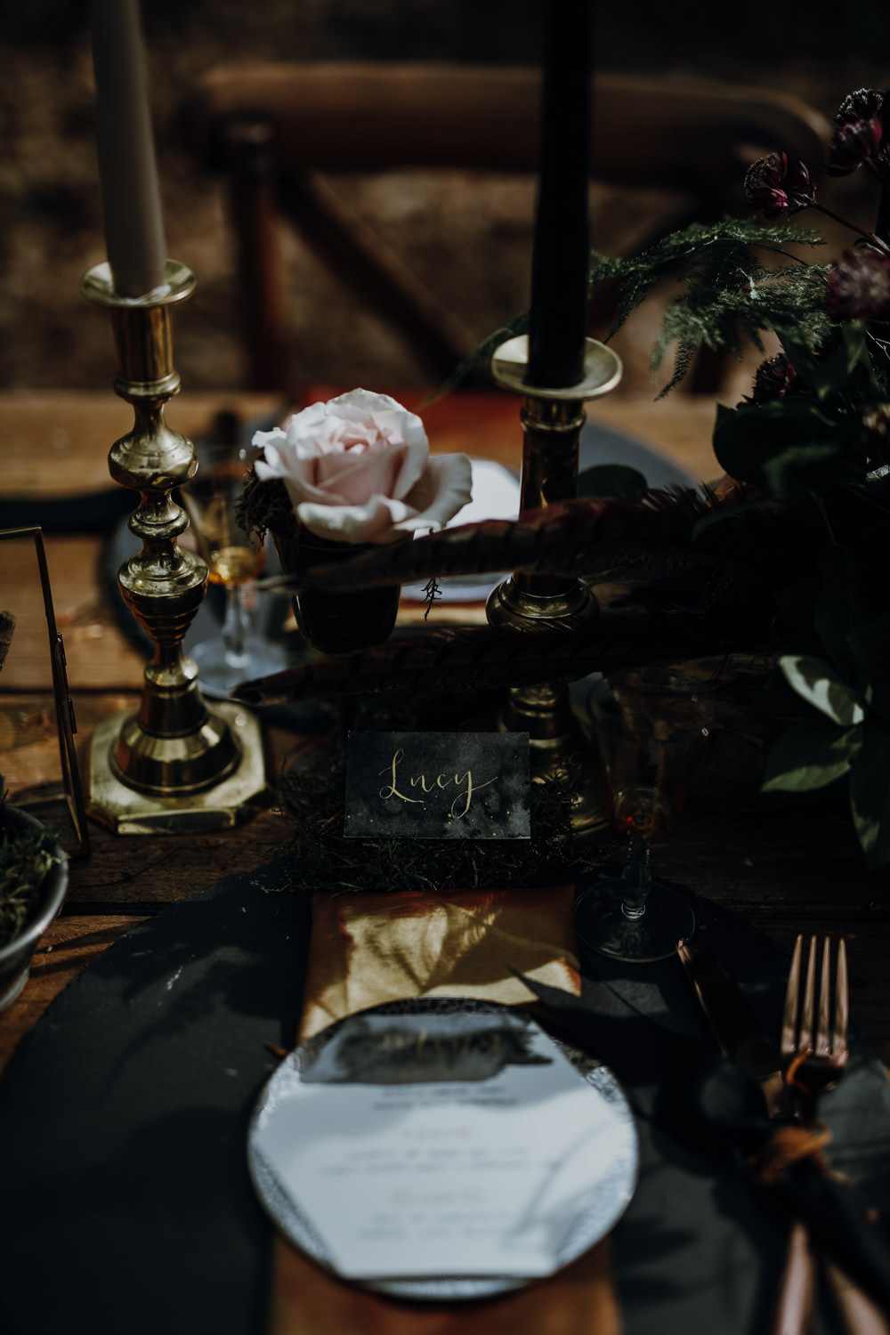 Table Setting Tablescape Decor Black Gold Place Names Calligraphy Candles Flowers Modern Gothic Woods Wedding Ideas Ayelle Photography