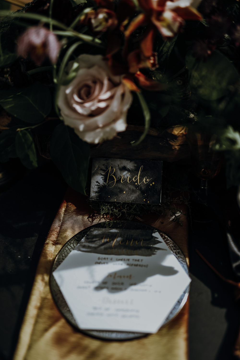 Table Setting Tablescape Decor Black Gold Place Names Calligraphy Candles Flowers Modern Gothic Woods Wedding Ideas Ayelle Photography