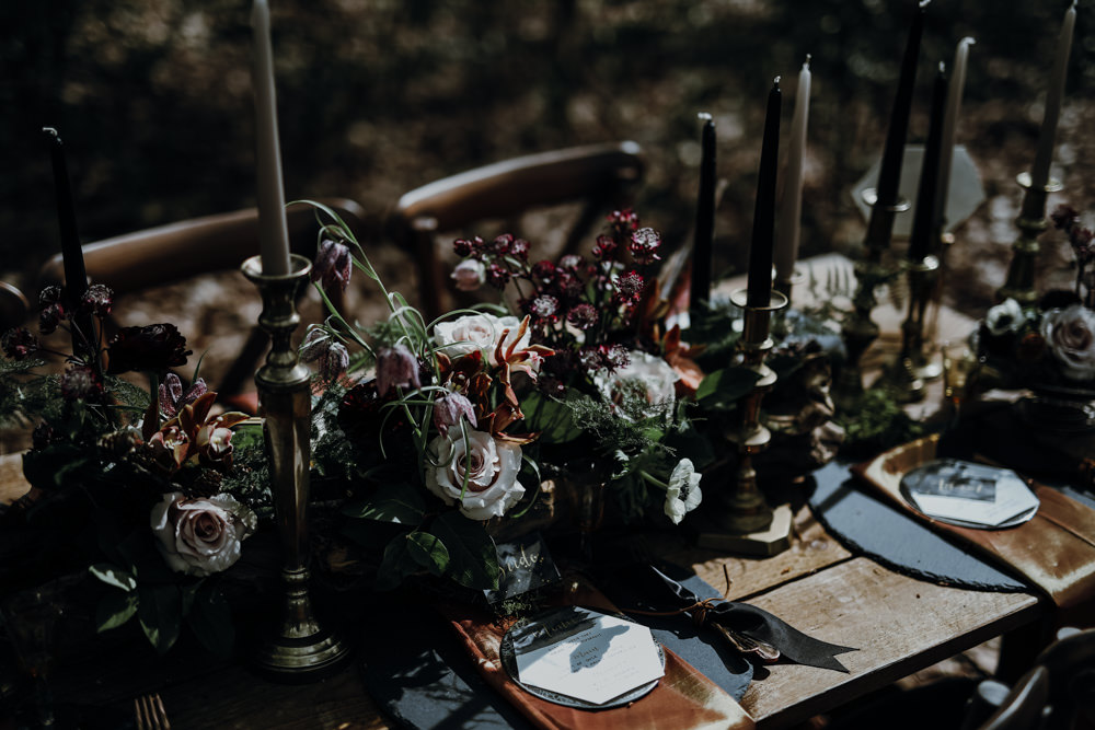Table Tablescape Decor Black Gold Candles Flowers Modern Gothic Woods Wedding Ideas Ayelle Photography