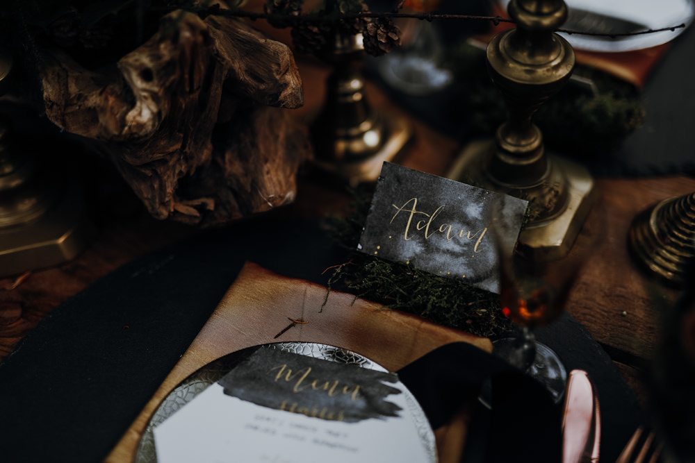 Table Setting Tablescape Decor Black Gold Place Names Calligraphy Candles Flowers Modern Gothic Woods Wedding Ideas Ayelle Photography