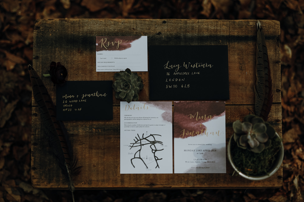 Stationery Invites Invitations Gold Black Red Calligraphy Modern Gothic Woods Wedding Ideas Ayelle Photography