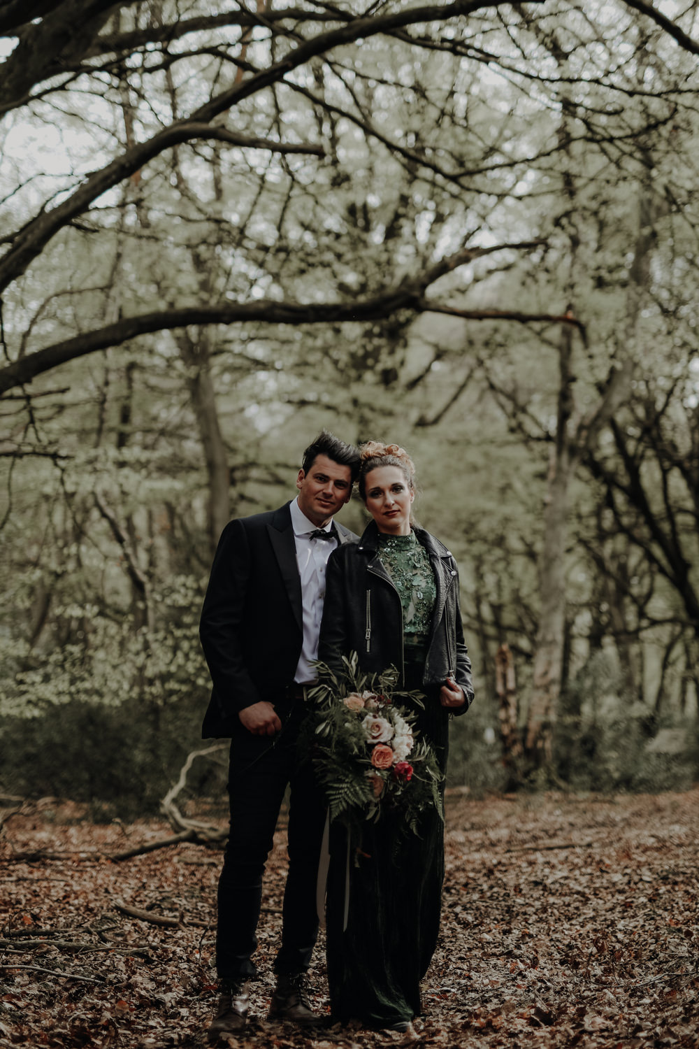 Bride Bridal Dress Gown Emerald Green Leather Jacket Modern Gothic Woods Wedding Ideas Ayelle Photography