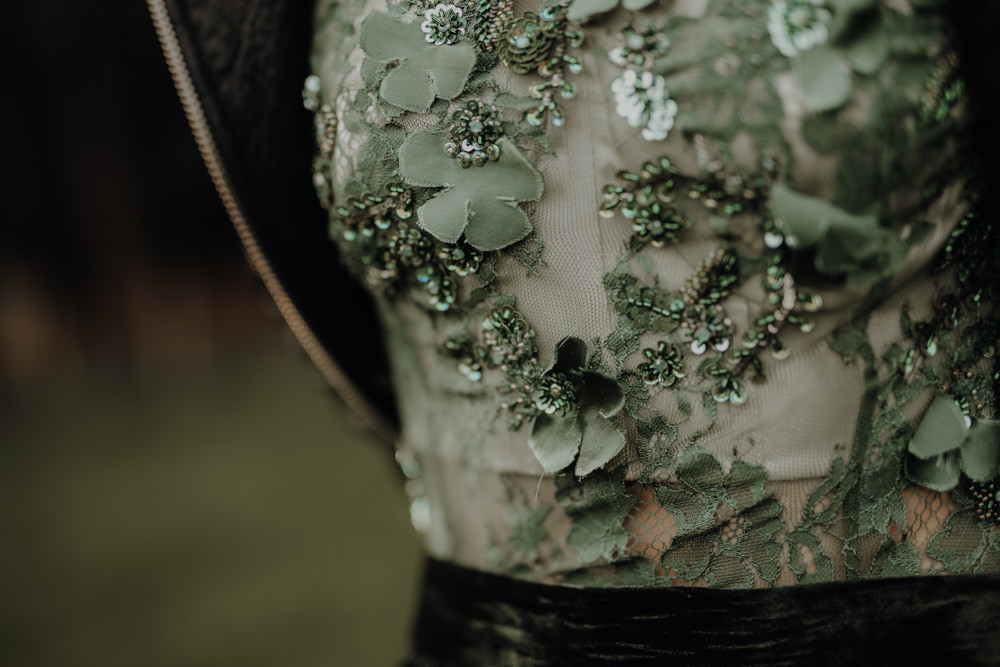 Bride Bridal Dress Gown Emerald Green Leather Jacket Modern Gothic Woods Wedding Ideas Ayelle Photography