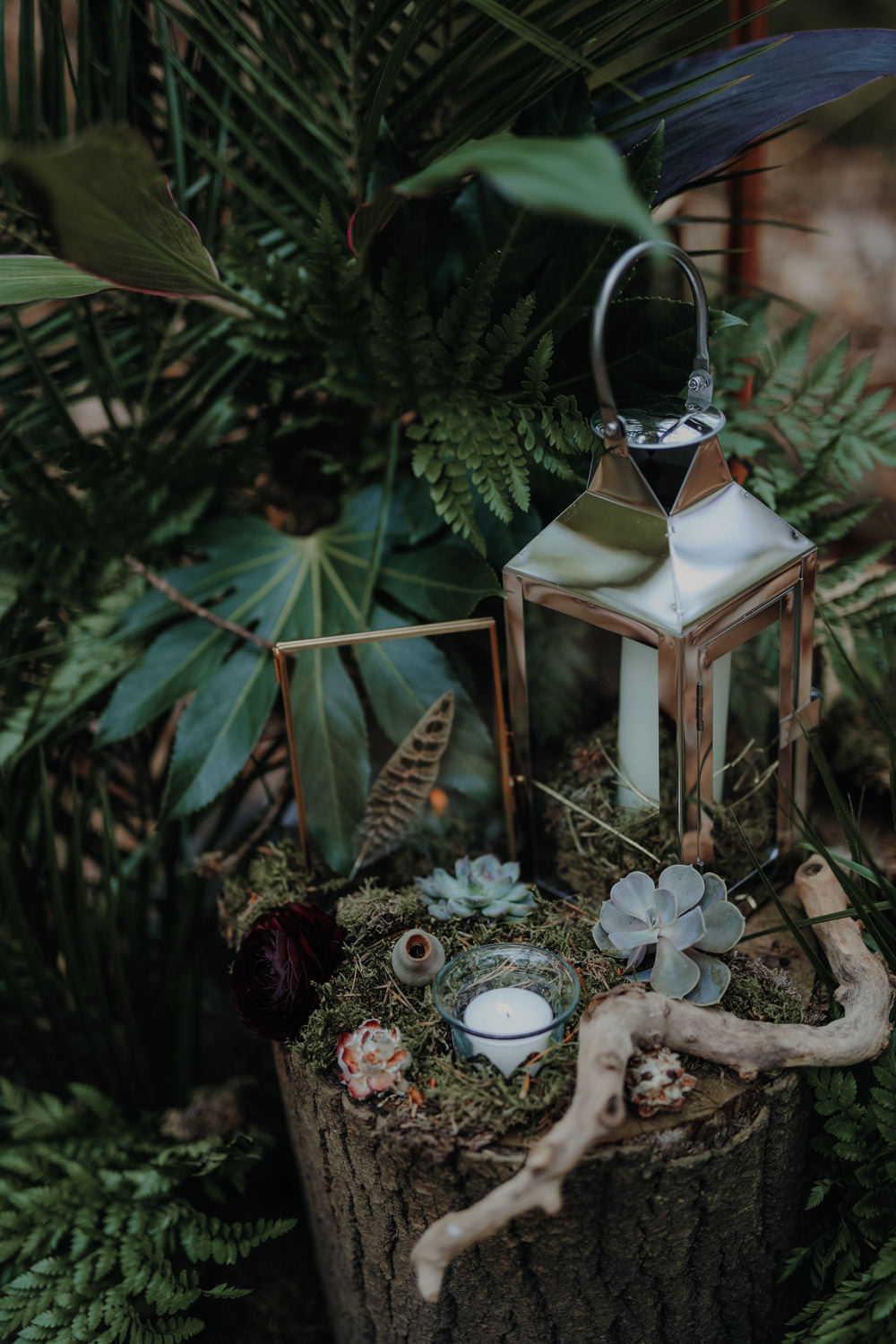 Log Tree Stump Decor Candles Feather Succulent Lantern Modern Gothic Woods Wedding Ideas Ayelle Photography