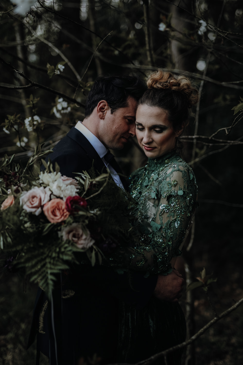 Bride Bridal Dress Gown Emerald Green Leather Jacket Modern Gothic Woods Wedding Ideas Ayelle Photography