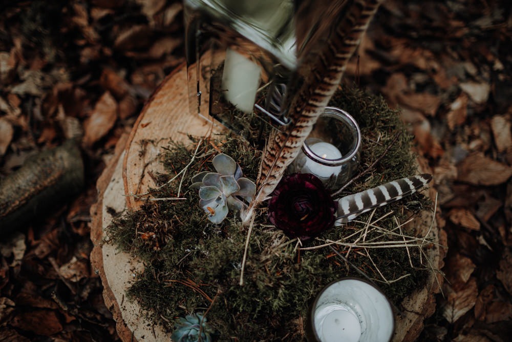 Log Tree Stump Decor Candles Feather Succulent Lantern Modern Gothic Woods Wedding Ideas Ayelle Photography