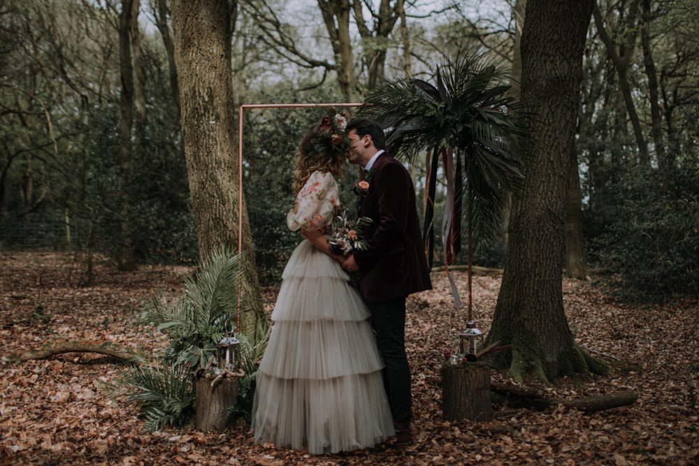 Backdrop Copper Pipe Flowers Greenery Foliage Ribbons Frame Modern Gothic Woods Wedding Ideas Ayelle Photography